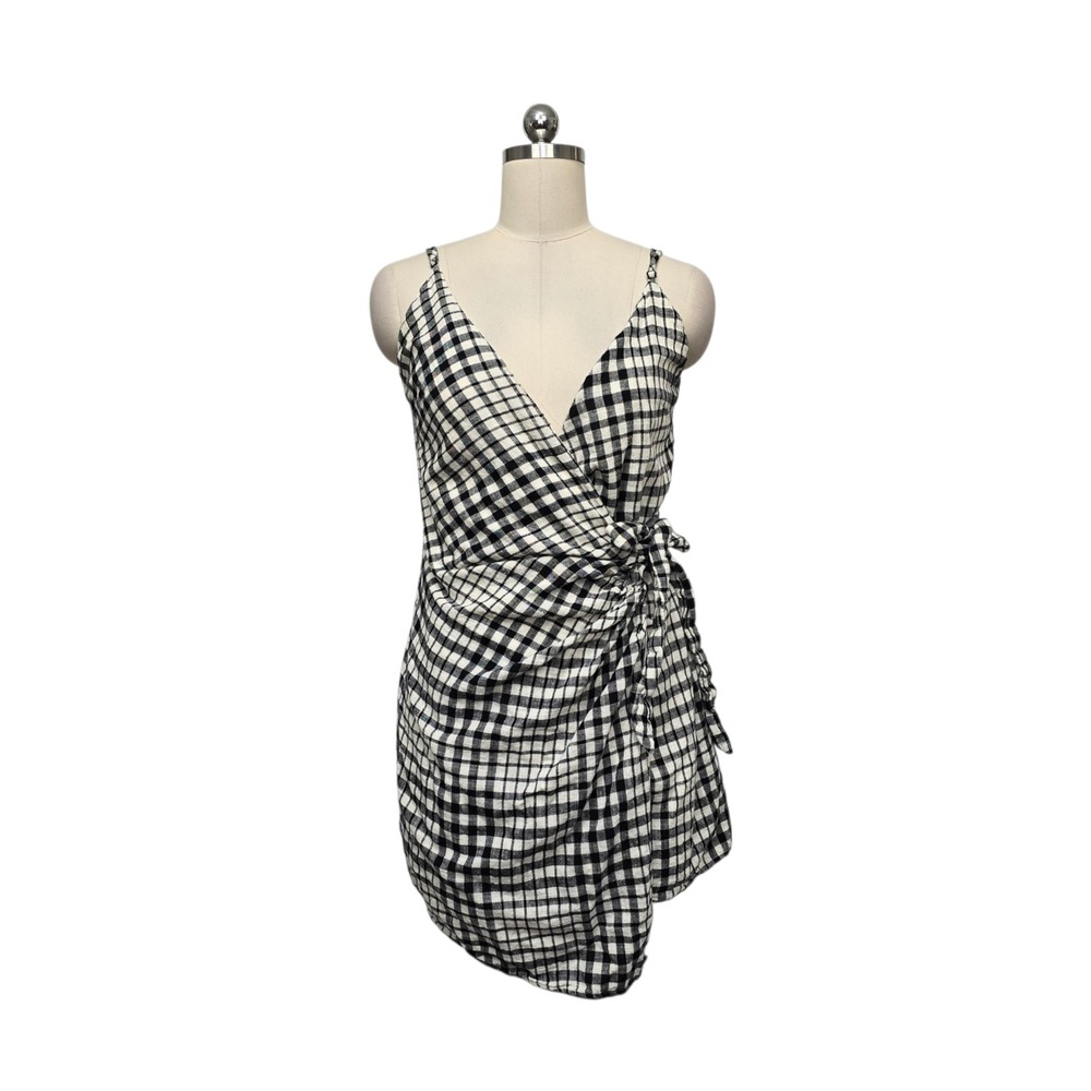 Free People‎ Black White Gingham Plaid Wrap Mini Dress Size 8 Cotton Sleeveless